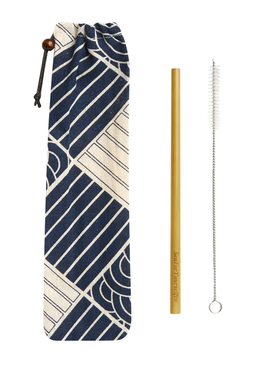 Bamboo Straw Set with Blue Sea Waves Cotton Pouch