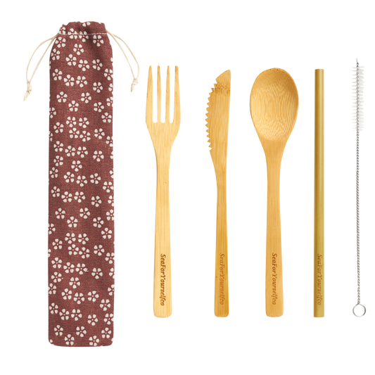 Bamboo Cutlery Set with Brown Flower Cotton Pouch