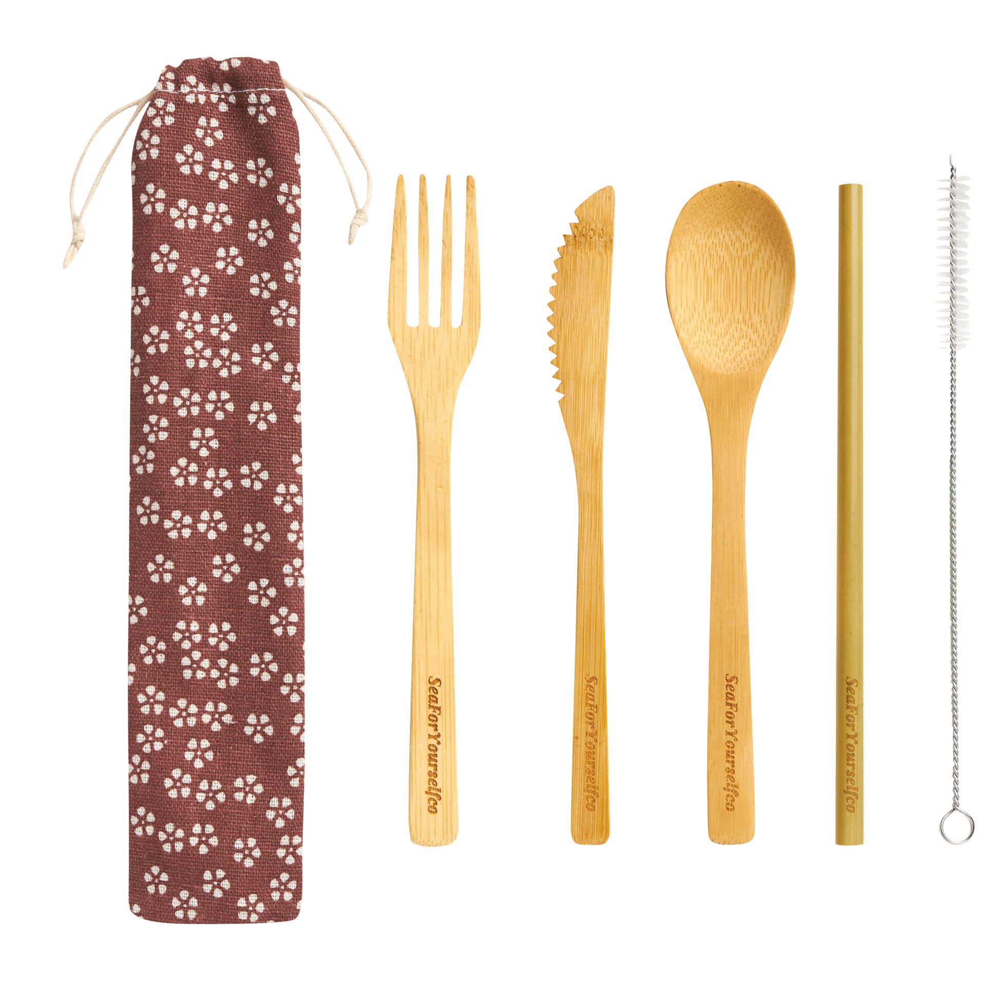 Bamboo Cutlery Set with Brown Flower Cotton Pouch