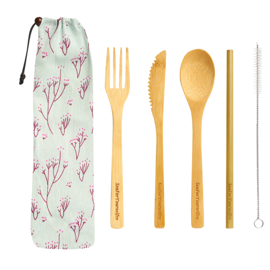 Bamboo Cutlery Set with Blossom Tree Cotton Pouch