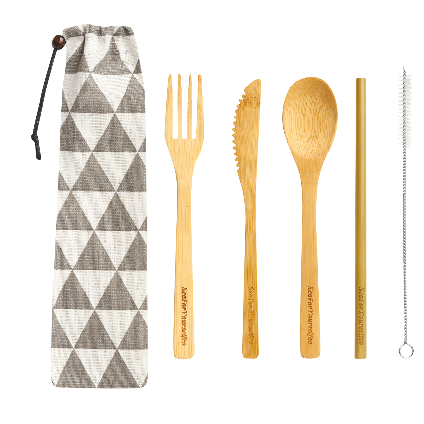 Bamboo Cutlery Set with Geometrical Grey Cotton Pouch