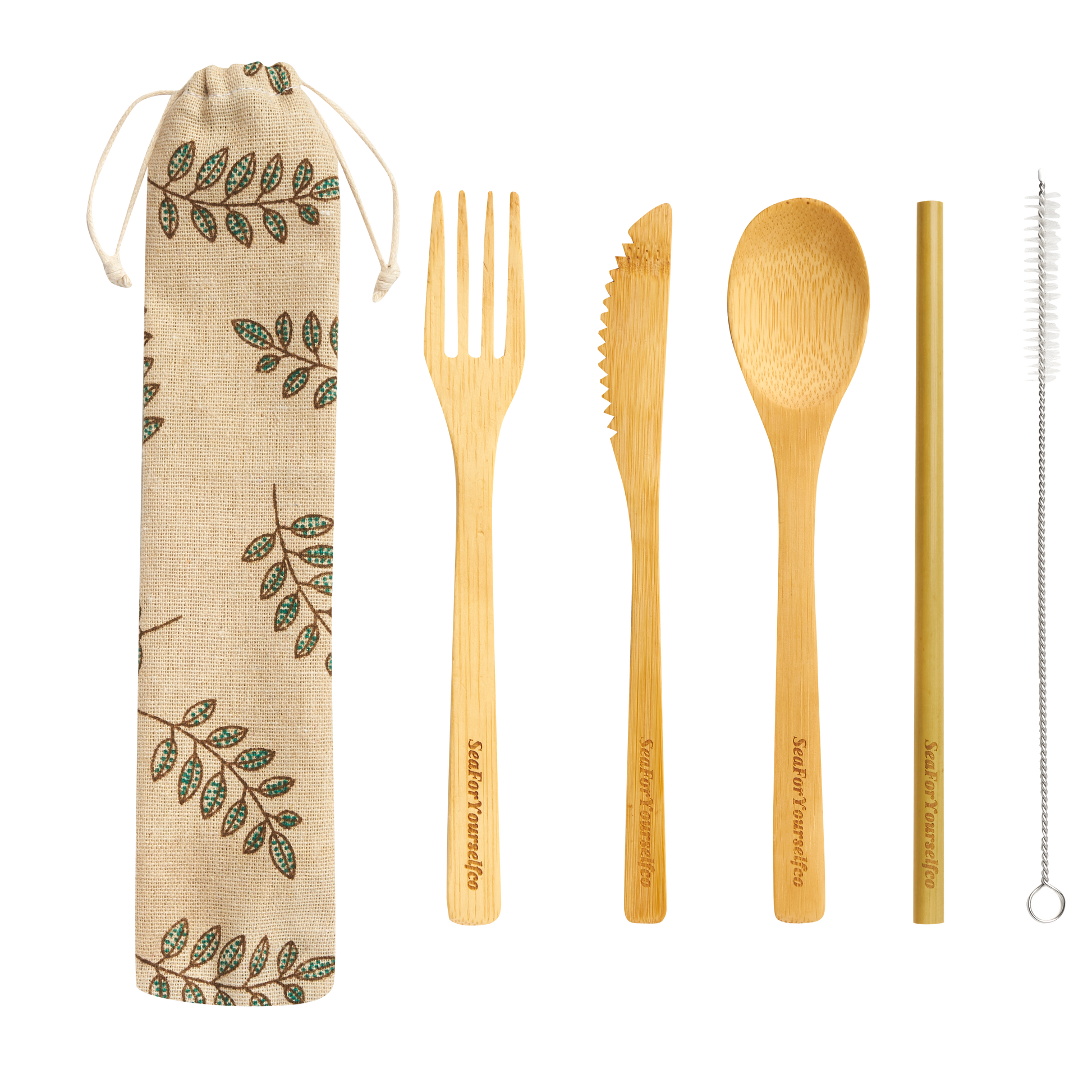 Bamboo Cutlery Set with Bay Leaf Cotton Pouch