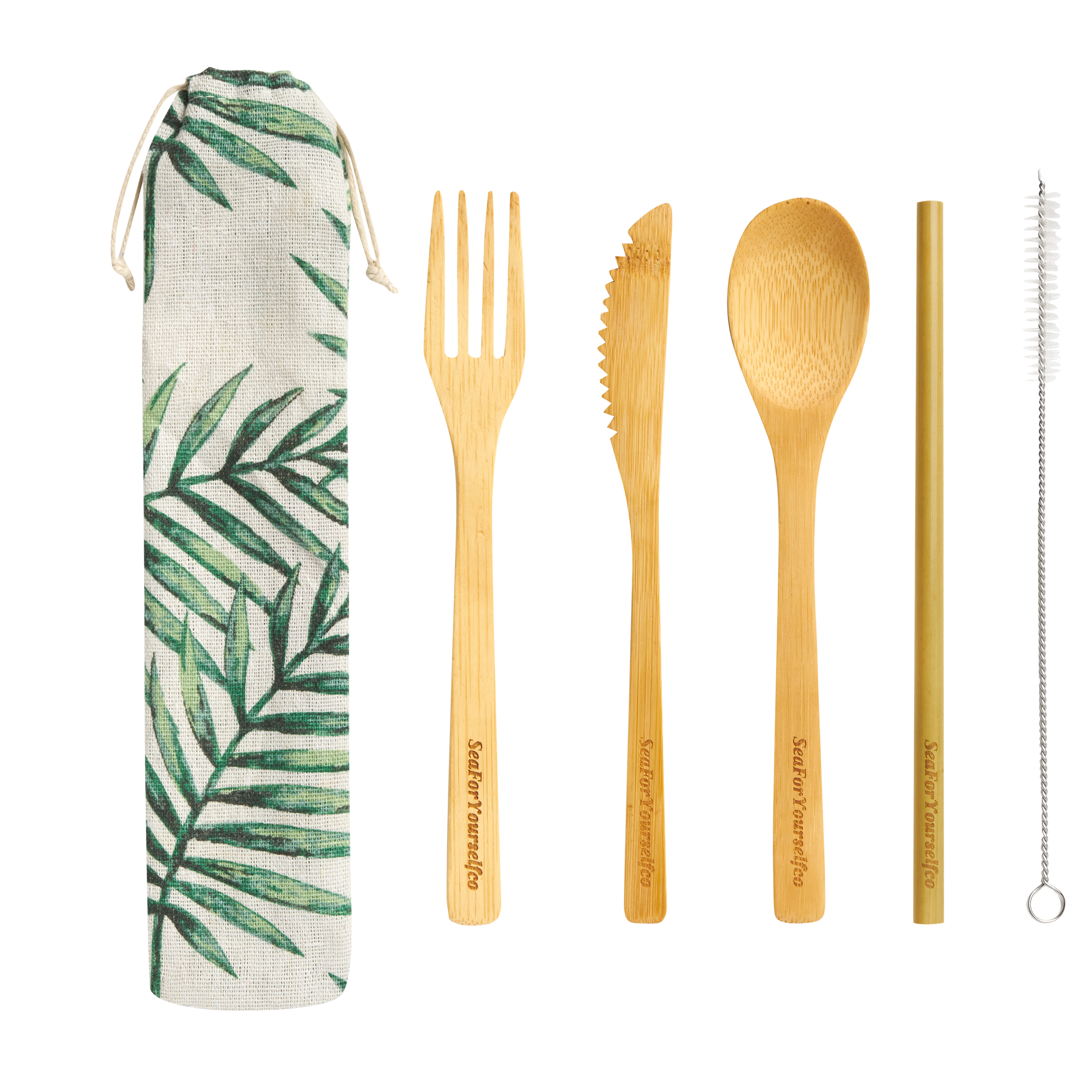 Bamboo Cutlery Set with Palm tree Cotton Pouch