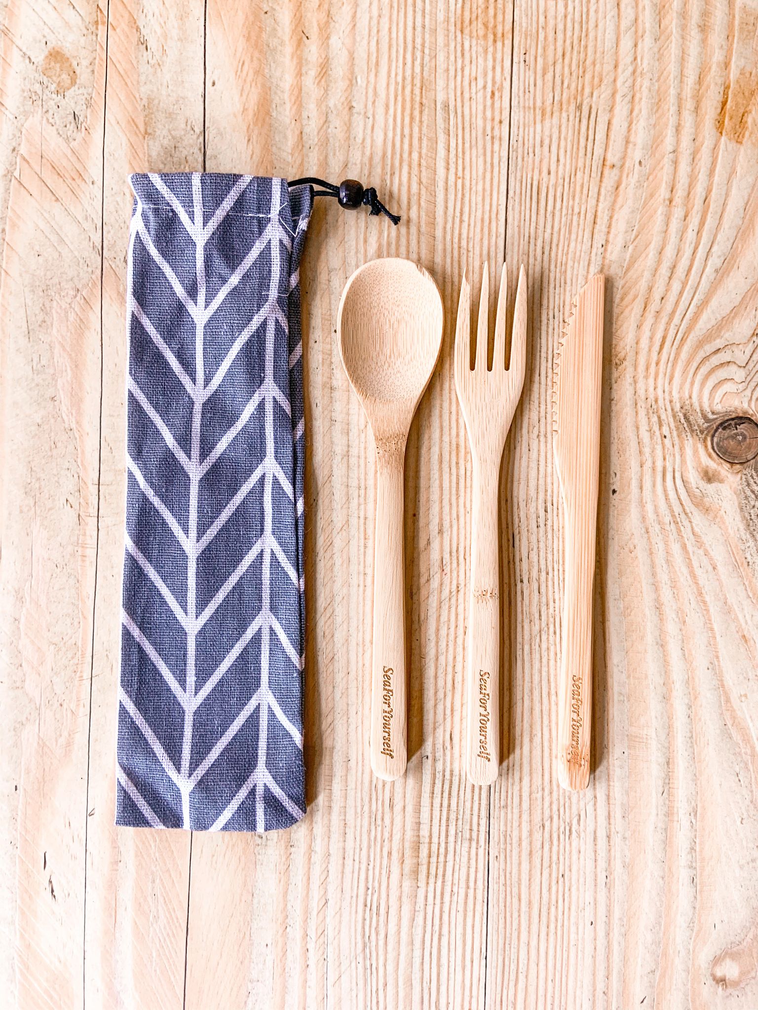 Bamboo Cutlery Set with Chevron Cotton Pouch