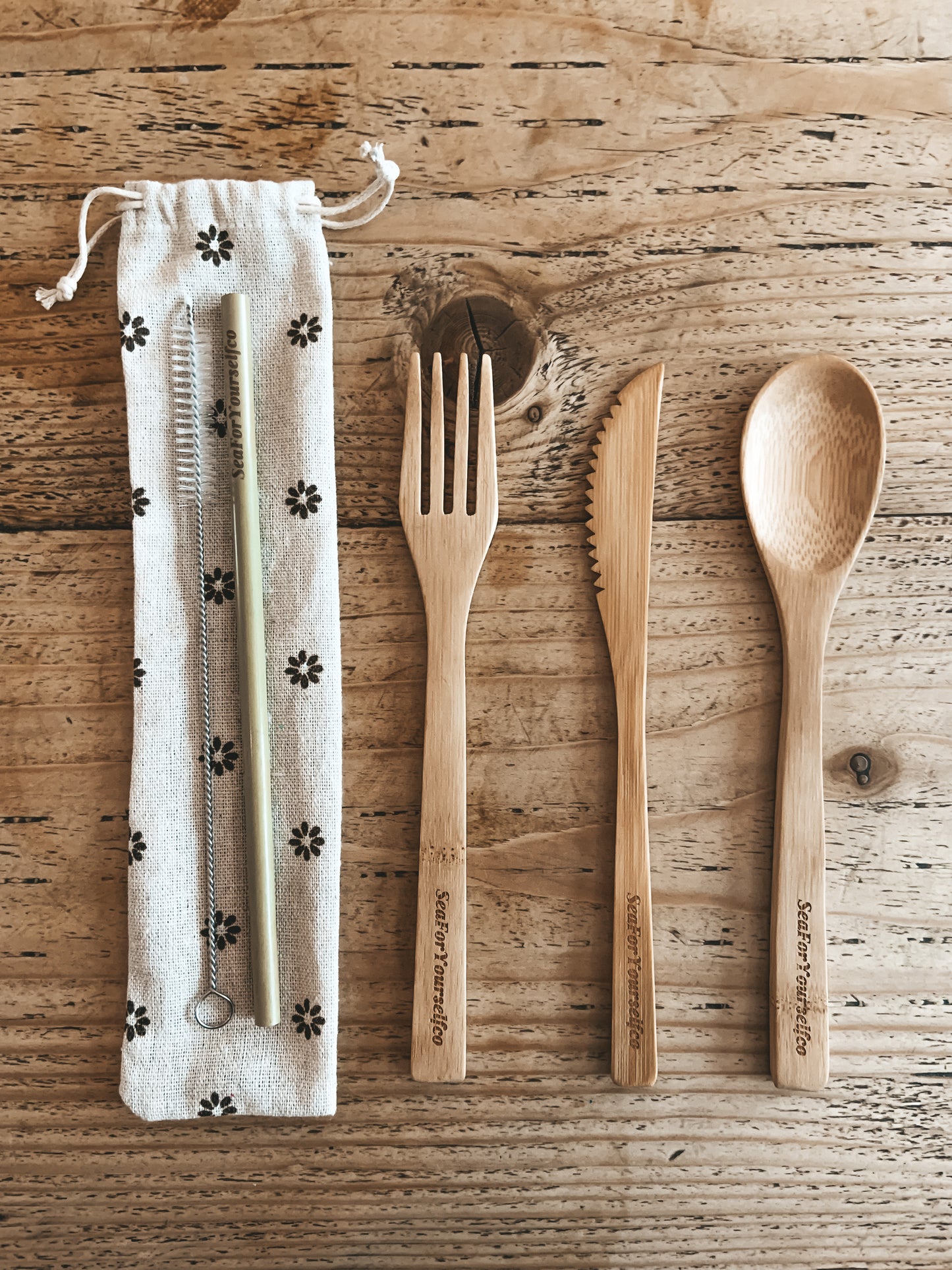 Bamboo Cutlery Set with Beige Flower Cotton Pouch