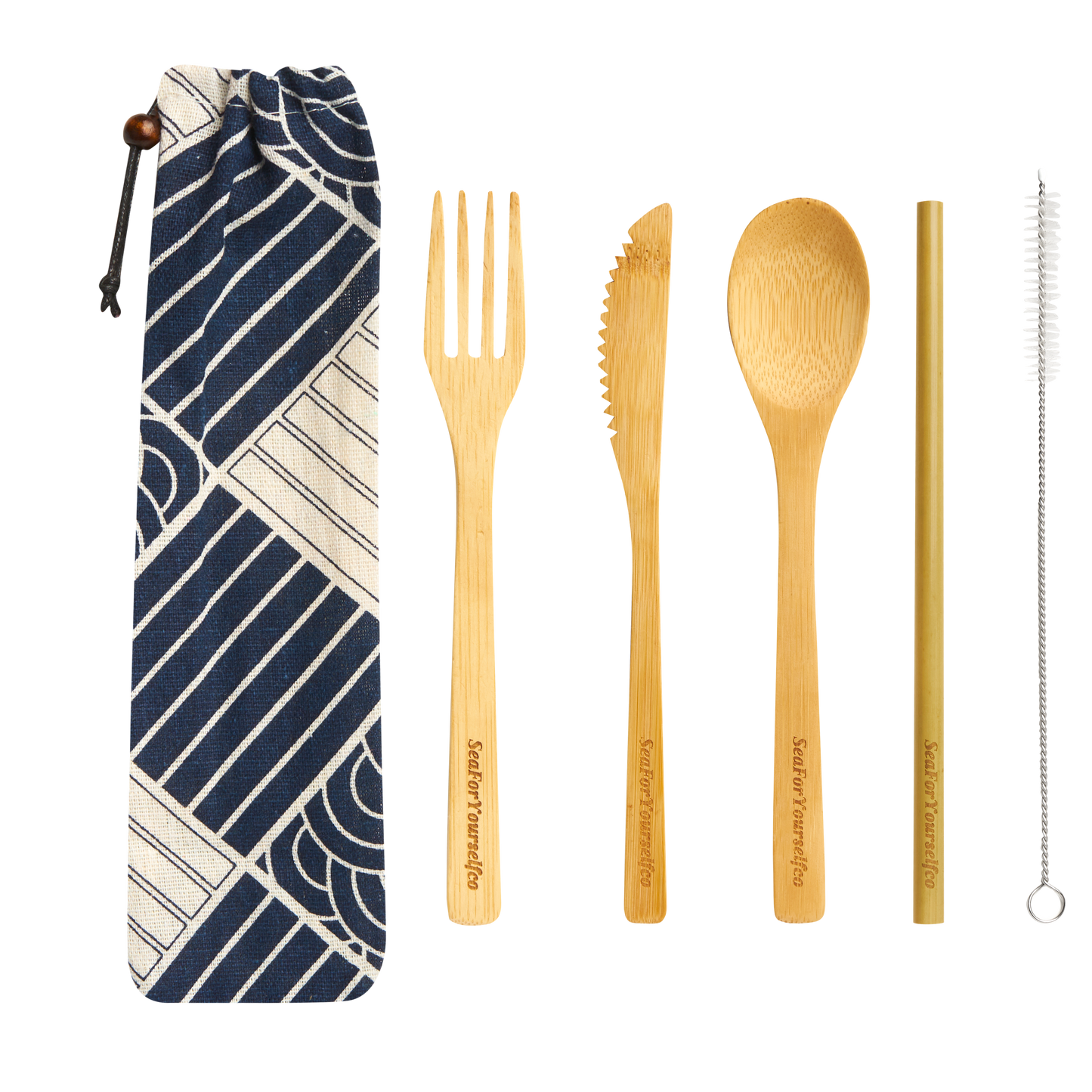 Bamboo Cutlery Set with Blue Sea Waves Cotton Pouch