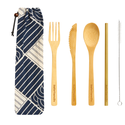 Bamboo Cutlery Set with Blue Sea Waves Cotton Pouch