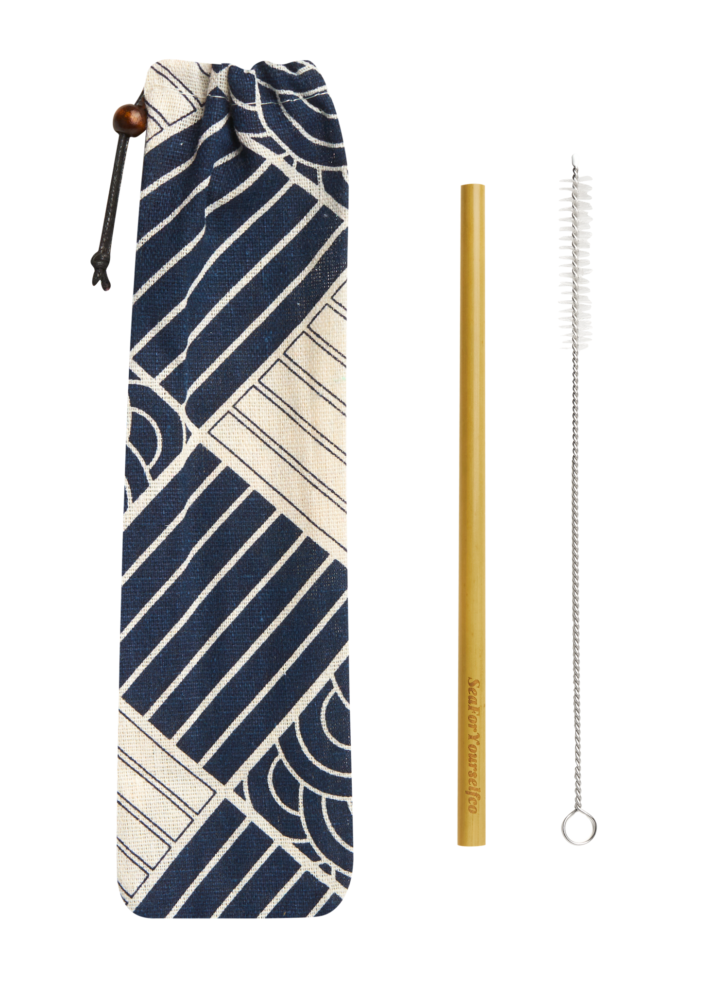 Bamboo Straw Set with Blue Sea Waves Cotton Pouch