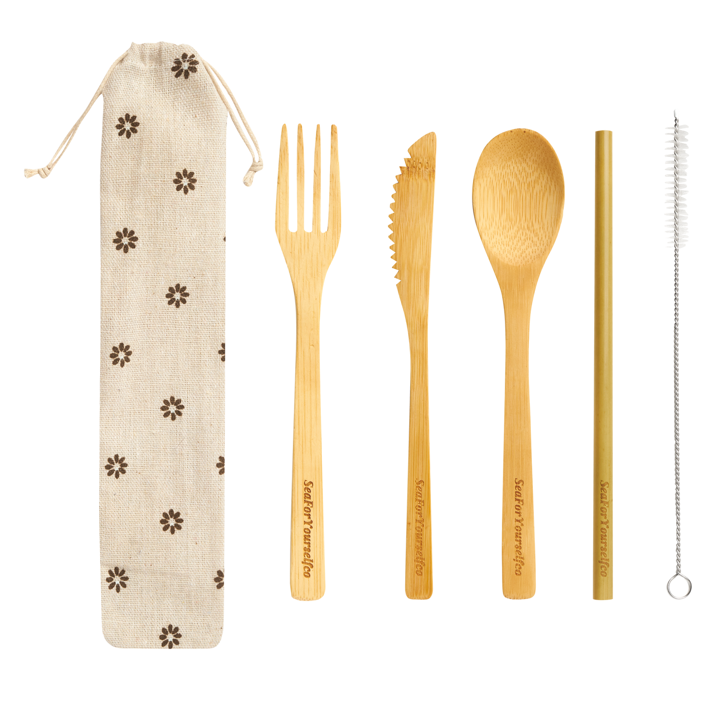 Bamboo Cutlery Set with Beige Flower Cotton Pouch
