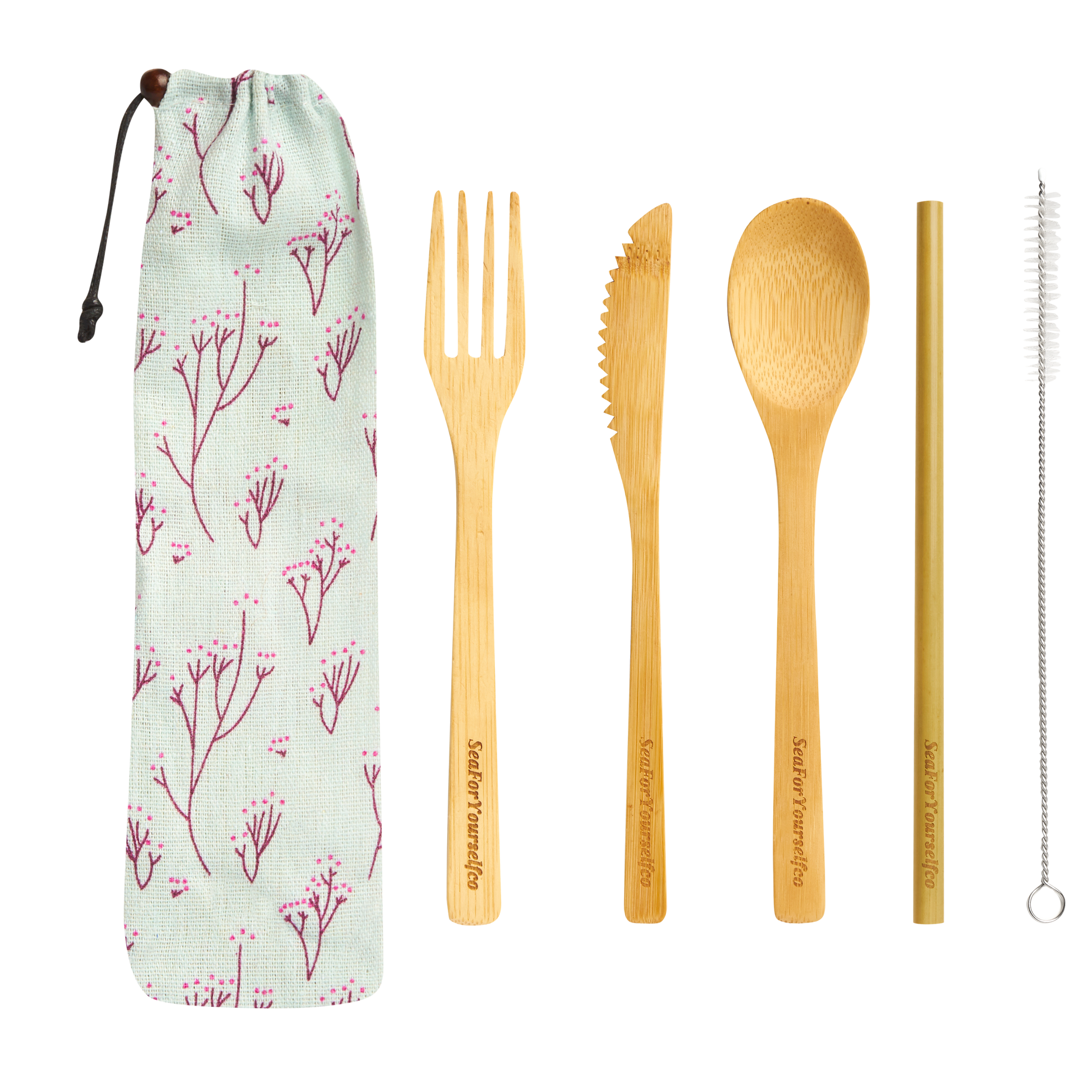 Bamboo Cutlery Set with Blossom Tree Cotton Pouch