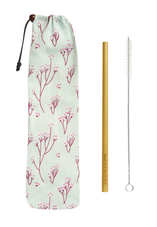 Bamboo Straw Set with Blossom Tree Cotton Pouch