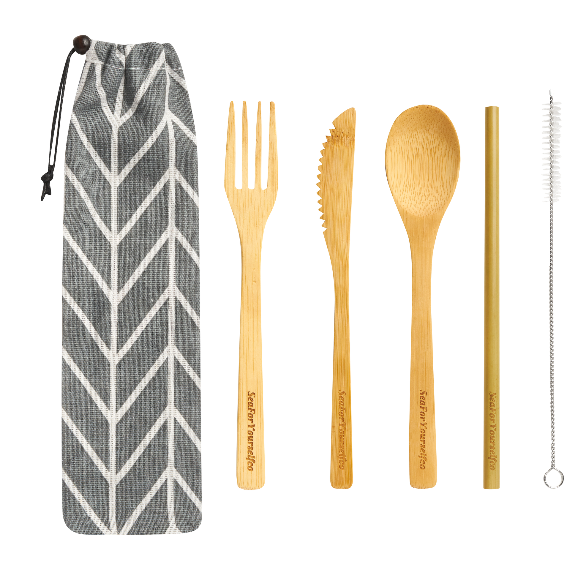 Bamboo Cutlery Set with Chevron Cotton Pouch