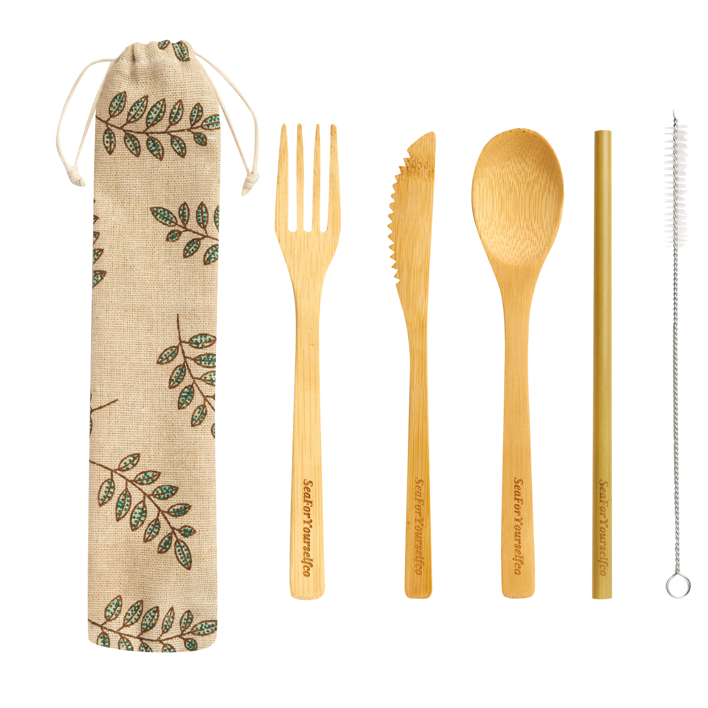 Bamboo Cutlery Set with Bay Leaf Cotton Pouch