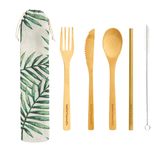 Bamboo Cutlery Set with Palm tree Cotton Pouch